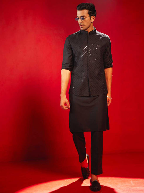 Black Rayon Sequined Nehru Jacket